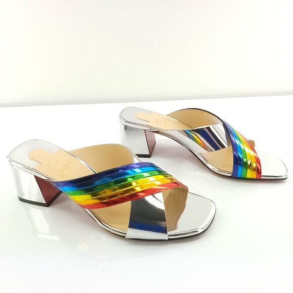 Christian Louboutin Arkenmule 55 Silver Rainbow Slide Sandal SZ 38.5 NIB - Picture 7 of 12